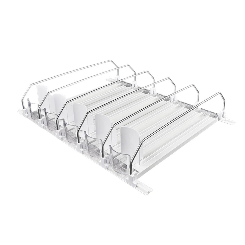 Drink Organizer Dispenser Spring Push Can Shelf Pusher Adjustable Width Soda Can Bottle Pusher E-Shaped Glide for Kitchen Fridge