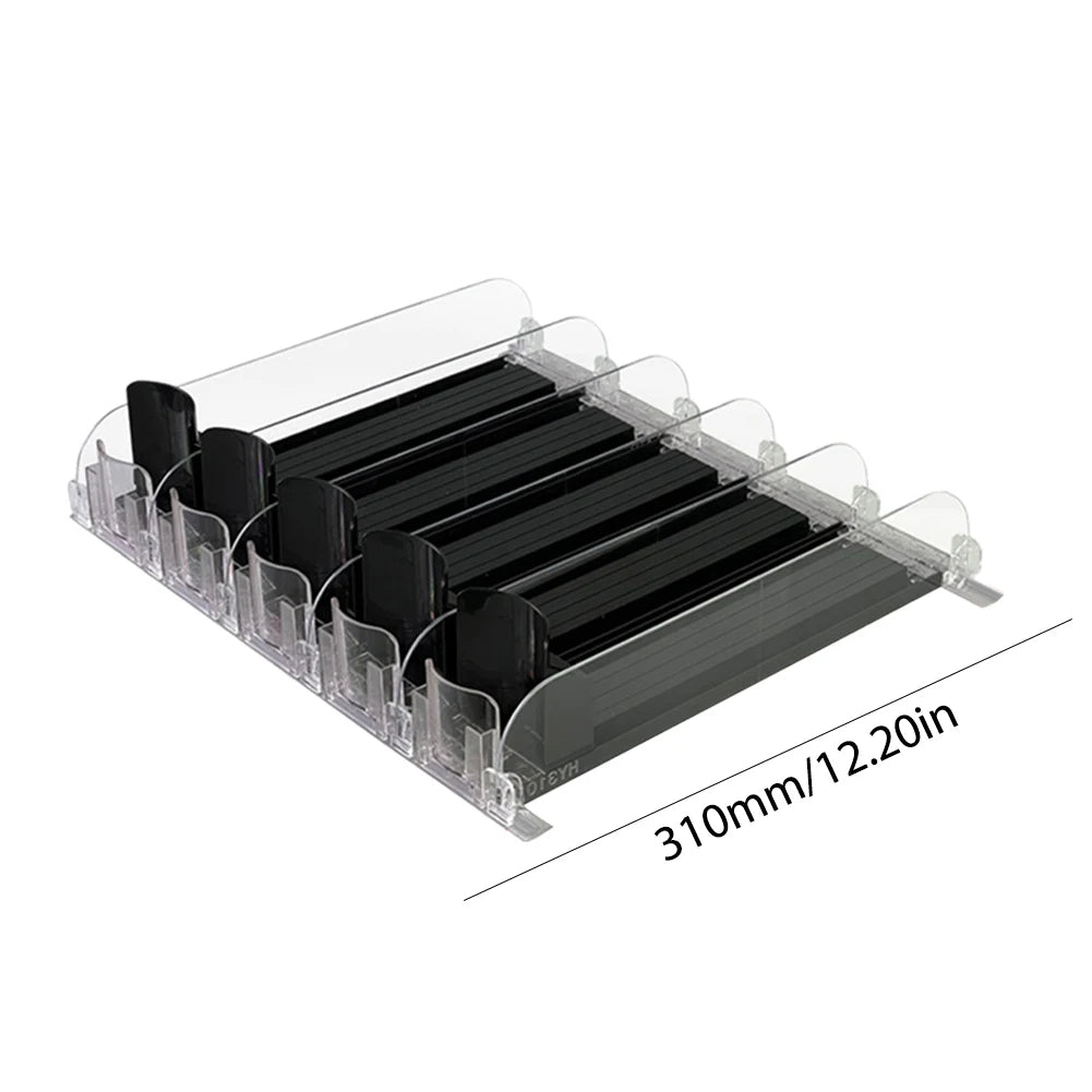 Drink Organizer Dispenser Spring Push Can Shelf Pusher Adjustable Width Soda Can Bottle Pusher E-Shaped Glide for Kitchen Fridge