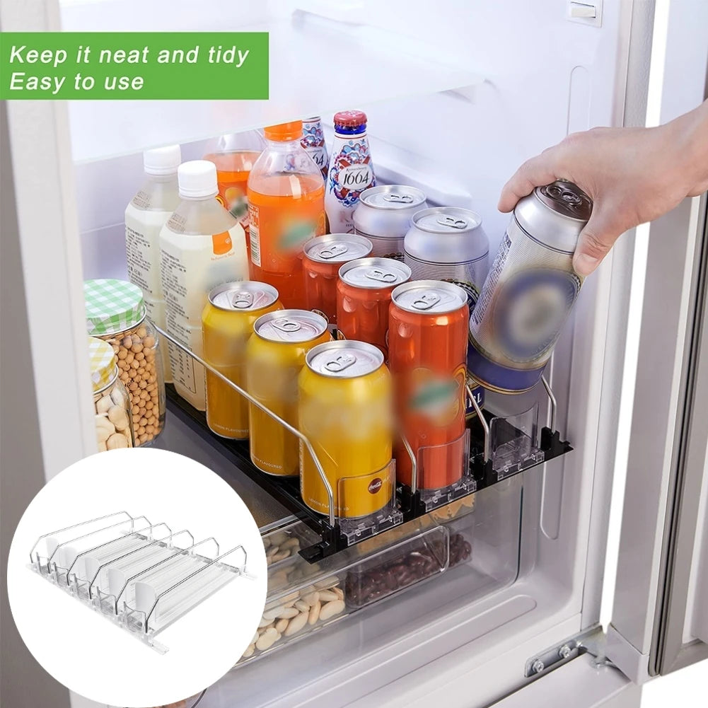Drink Organizer Dispenser Spring Push Can Shelf Pusher Adjustable Width Soda Can Bottle Pusher E-Shaped Glide for Kitchen Fridge