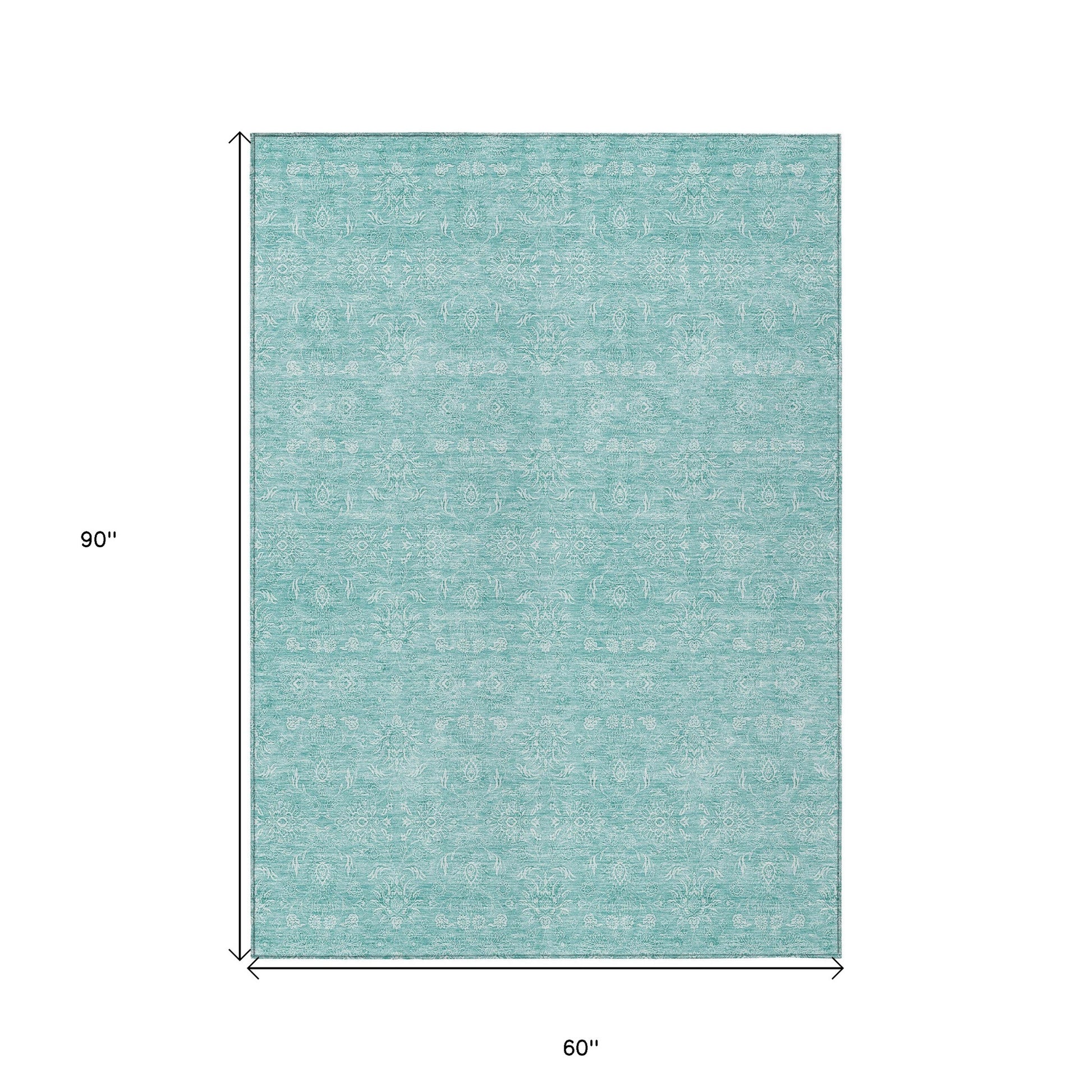 5' X 8' Aqua And Ivory Floral Washable Indoor Outdoor Area Rug-2
