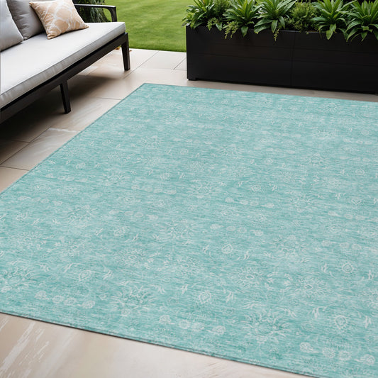 5' X 8' Aqua And Ivory Floral Washable Indoor Outdoor Area Rug-0