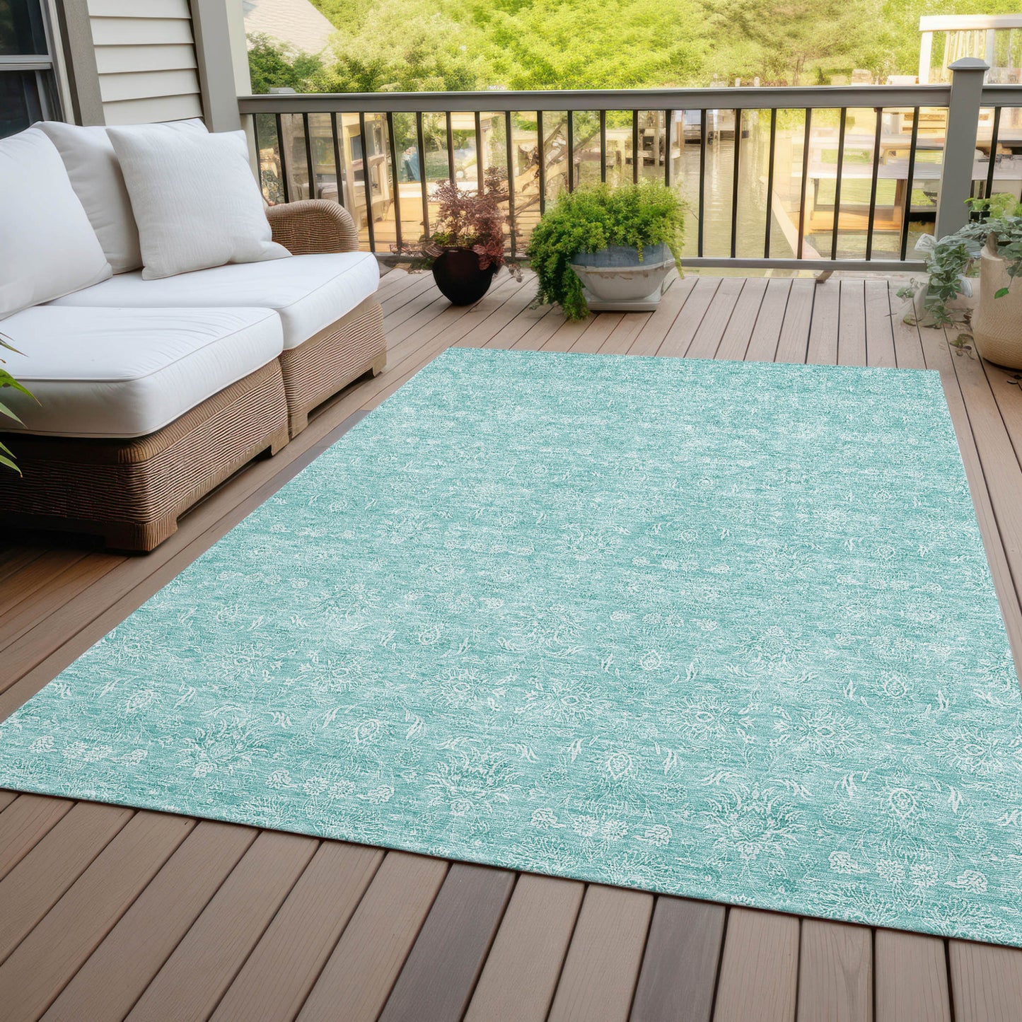 5' X 8' Aqua And Ivory Floral Washable Indoor Outdoor Area Rug-6