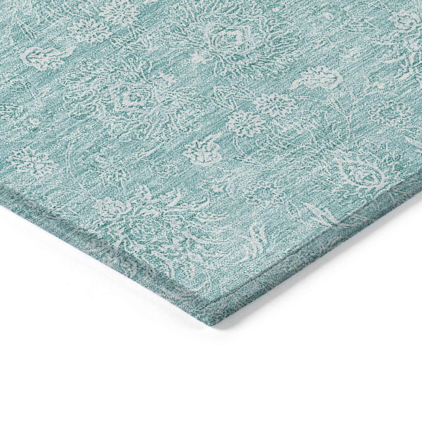 5' X 8' Aqua And Ivory Floral Washable Indoor Outdoor Area Rug-3
