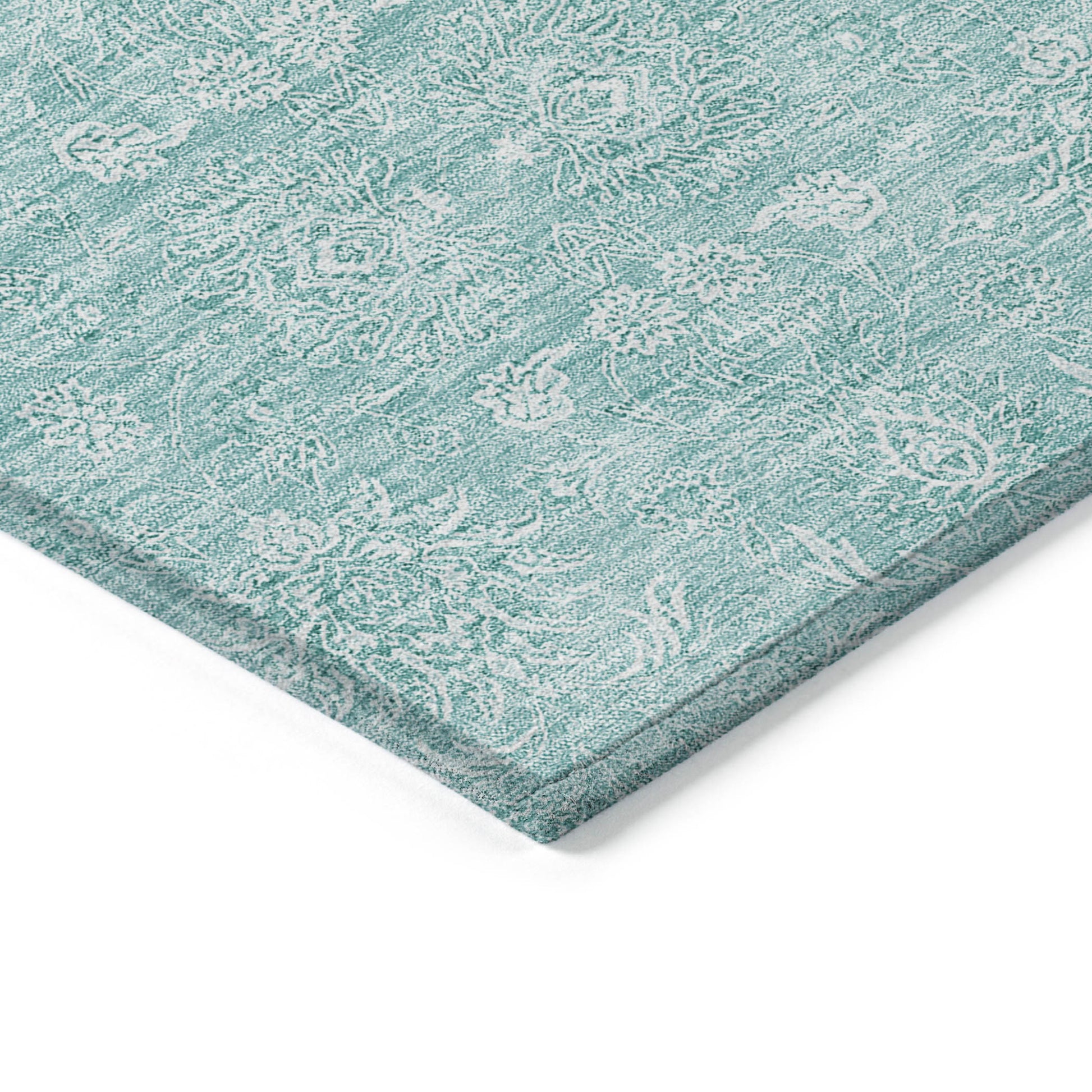 5' X 8' Aqua And Ivory Floral Washable Indoor Outdoor Area Rug-3
