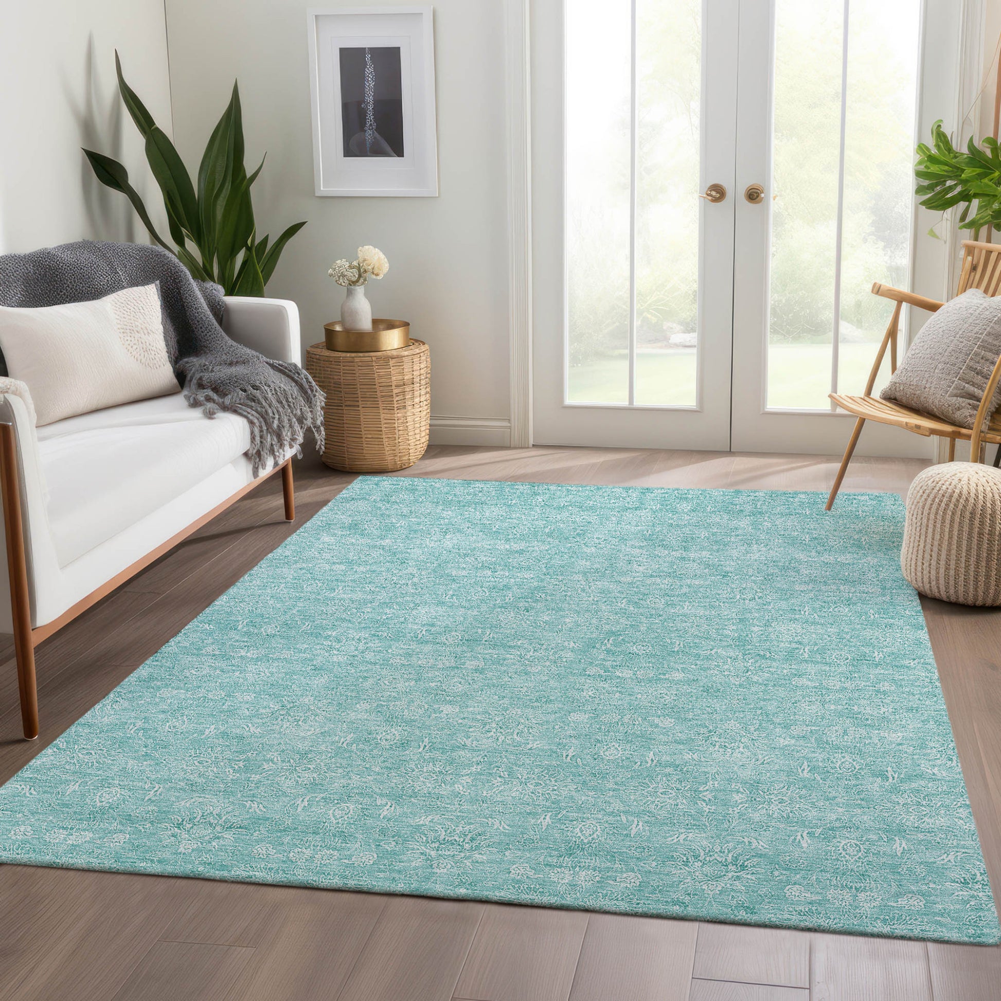 5' X 8' Aqua And Ivory Floral Washable Indoor Outdoor Area Rug-7