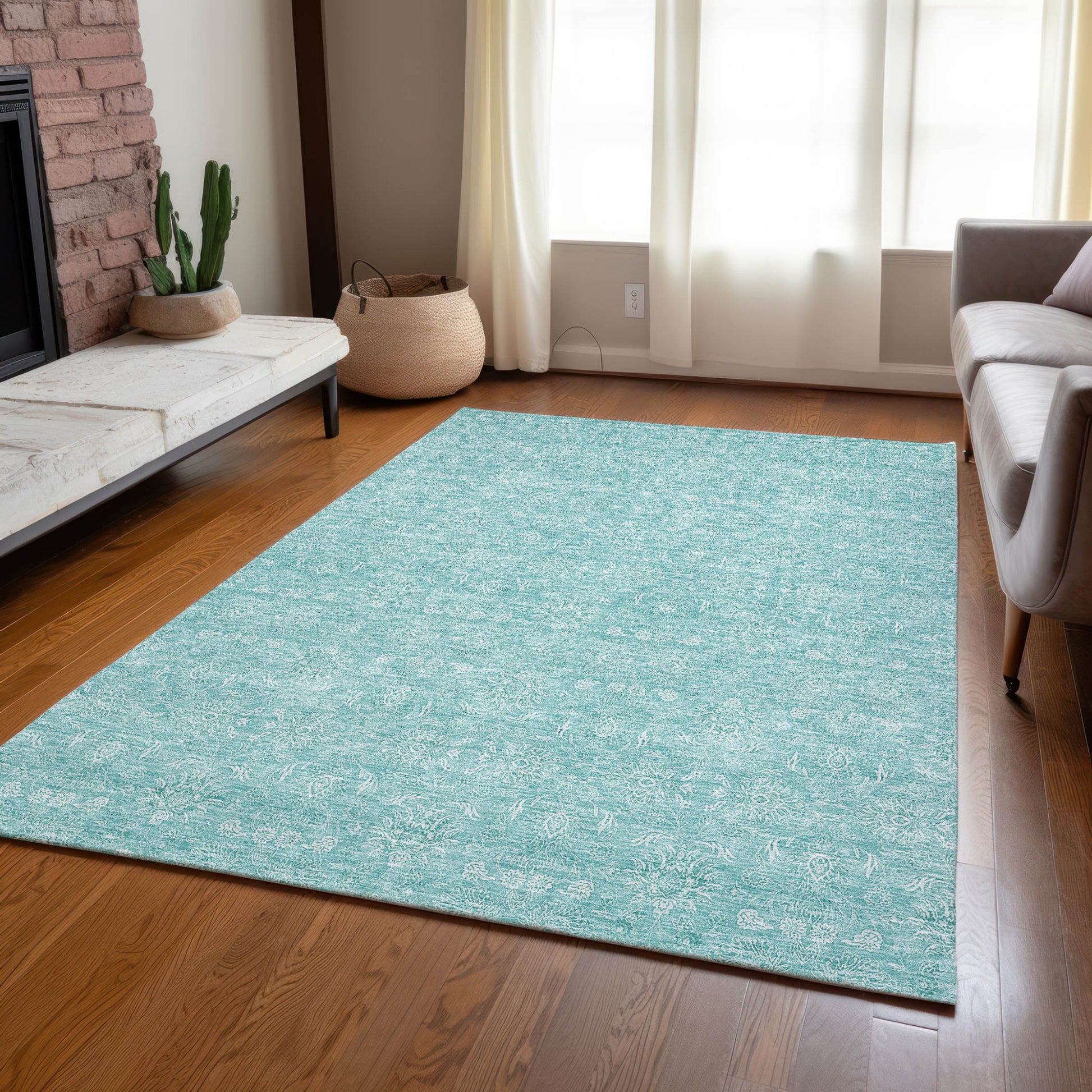 5' X 8' Aqua And Ivory Floral Washable Indoor Outdoor Area Rug-8