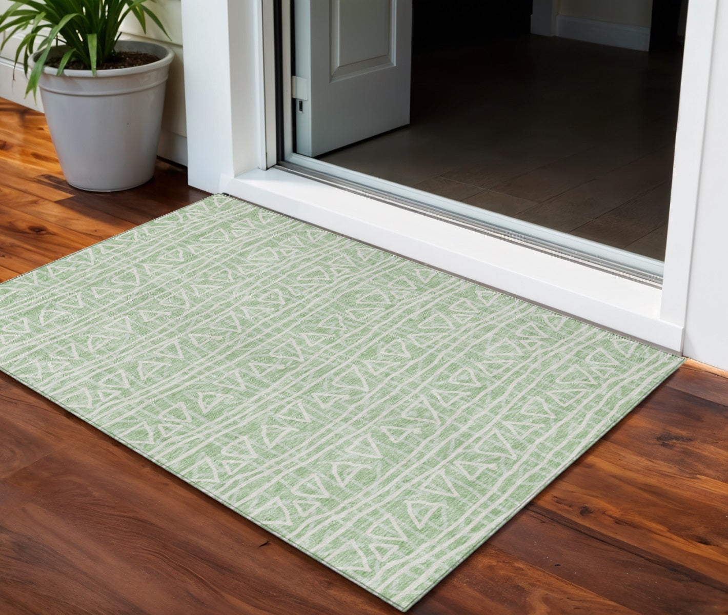 3' X 5' Mint Green Artichoke Green And Ivory Geometric Washable Indoor Outdoor Area Rug-0