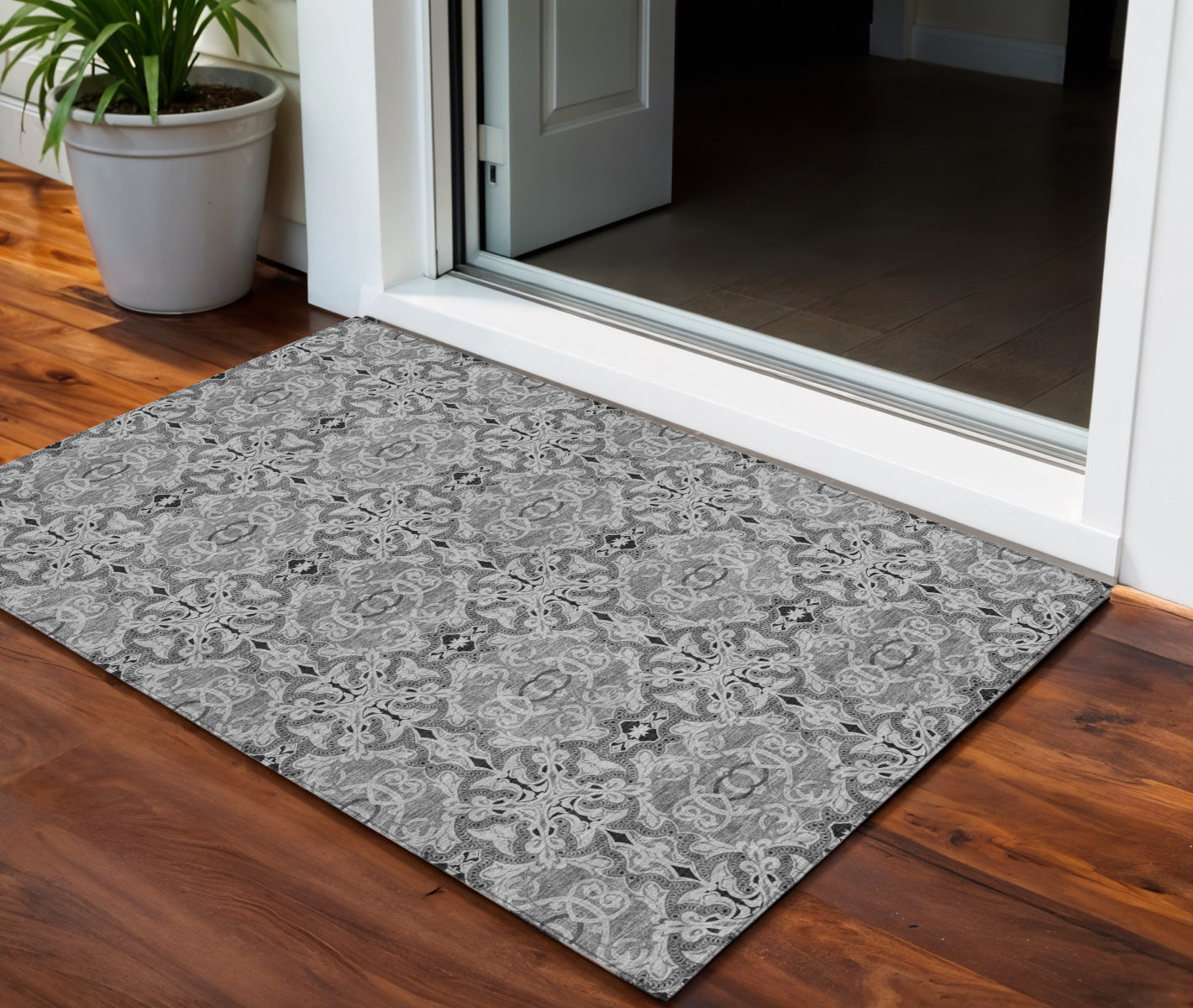 3' X 5' Gray Silver And Charcoal Medallion Washable Indoor Outdoor Area Rug-0