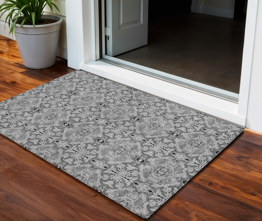 3' X 5' Gray Silver And Charcoal Medallion Washable Indoor Outdoor Area Rug-0