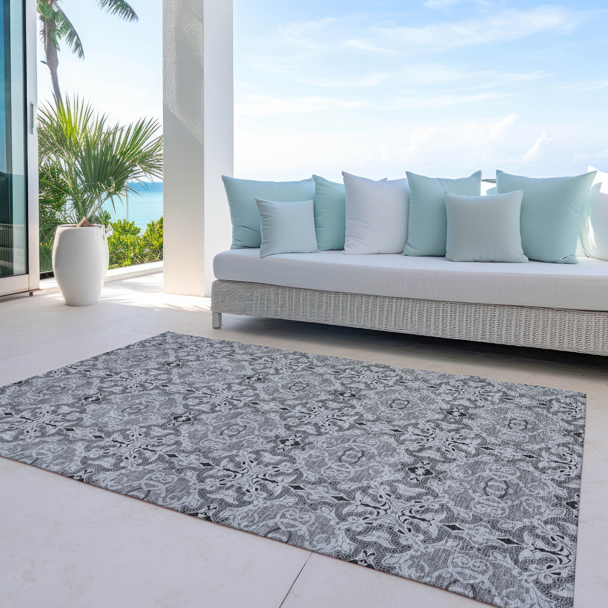 3' X 5' Gray Silver And Charcoal Medallion Washable Indoor Outdoor Area Rug-6
