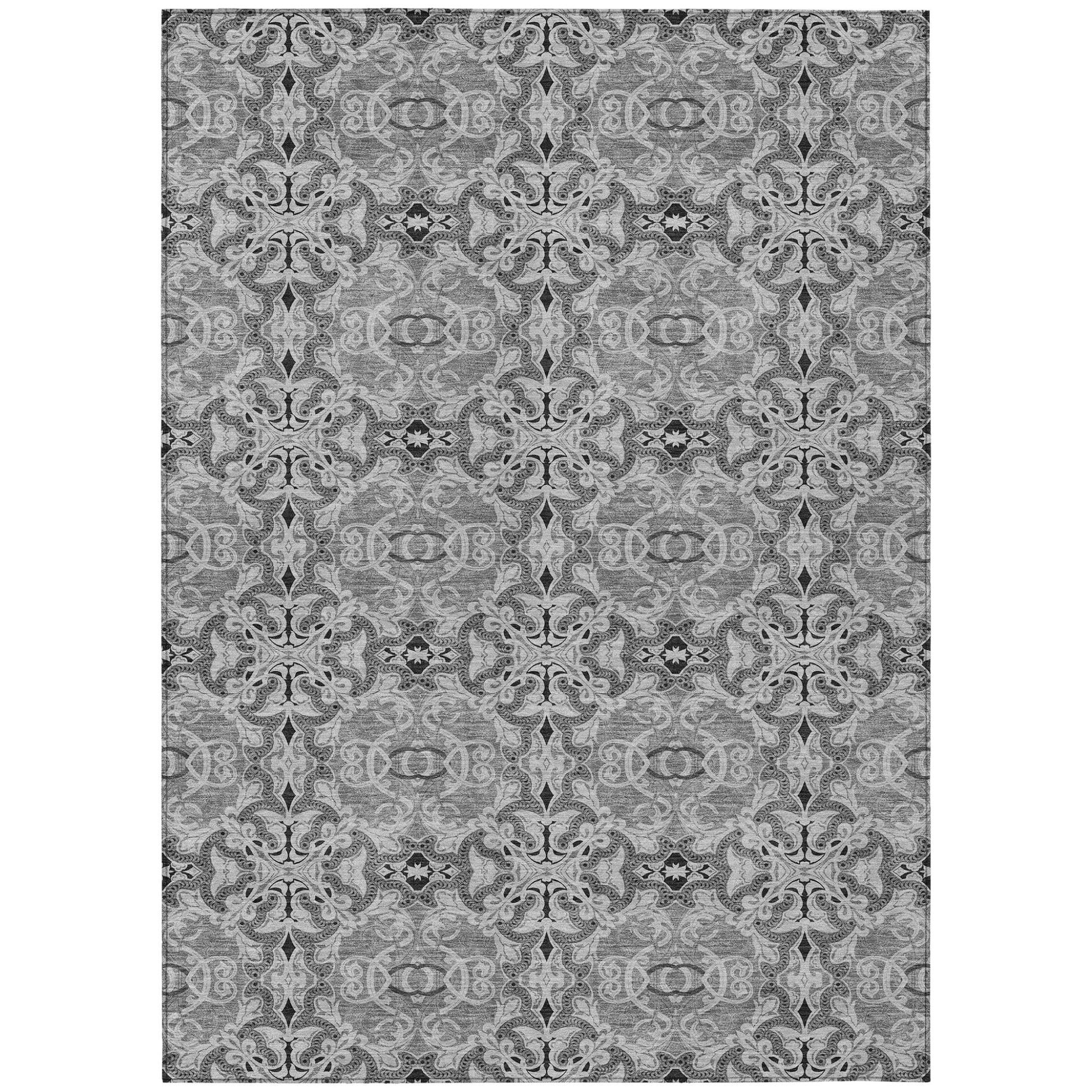 3' X 5' Gray Silver And Charcoal Medallion Washable Indoor Outdoor Area Rug-1
