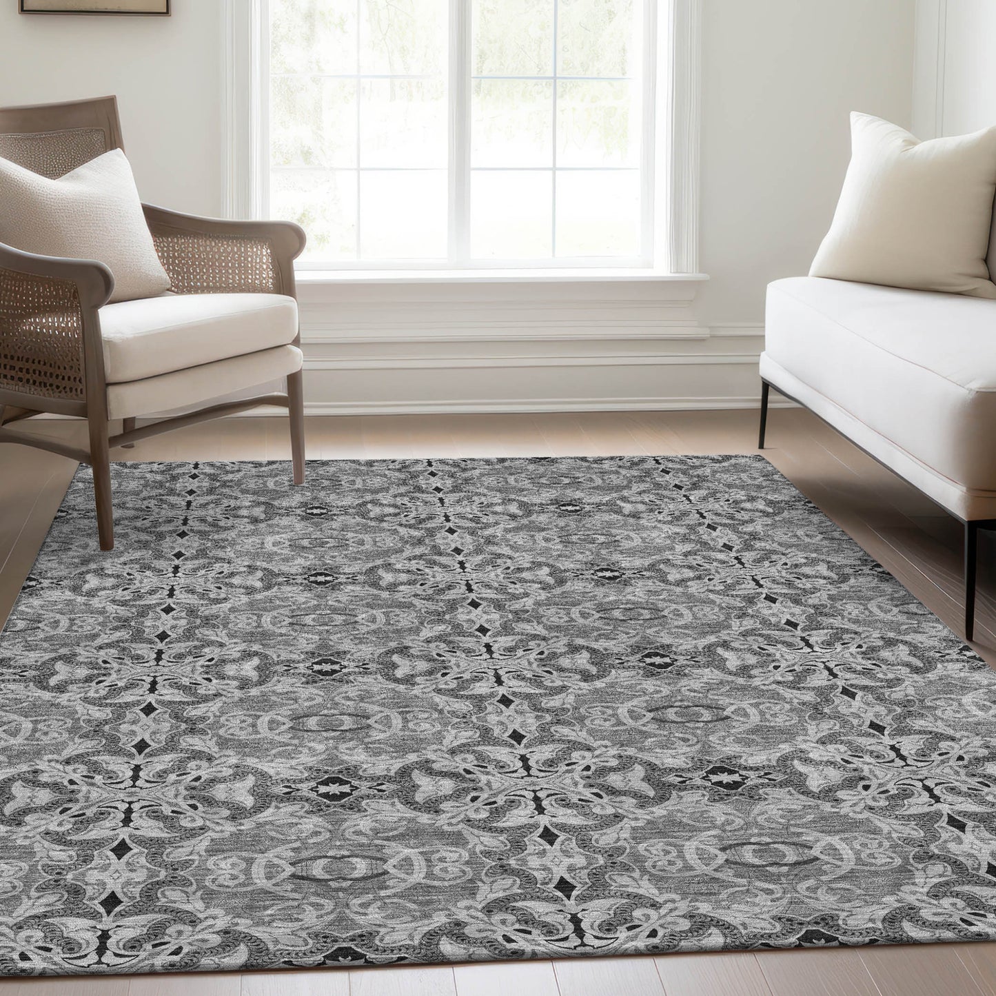 3' X 5' Gray Silver And Charcoal Medallion Washable Indoor Outdoor Area Rug-7