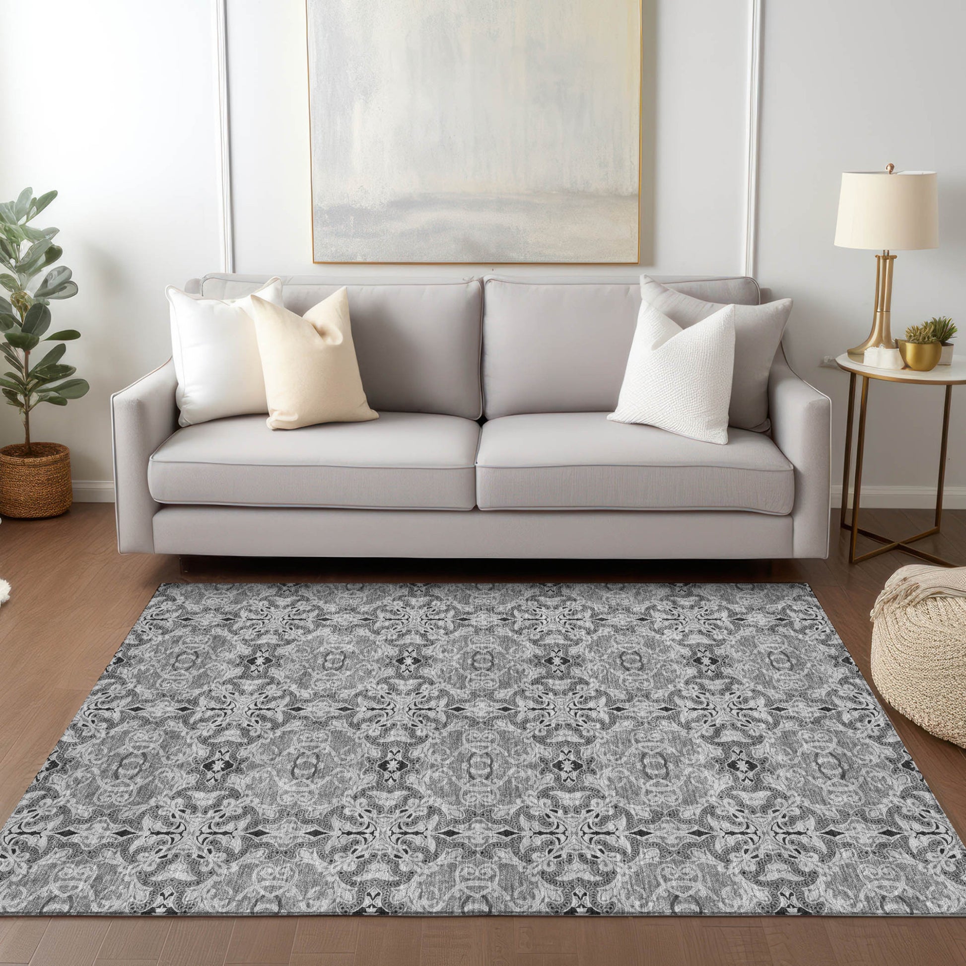 3' X 5' Gray Silver And Charcoal Medallion Washable Indoor Outdoor Area Rug-8