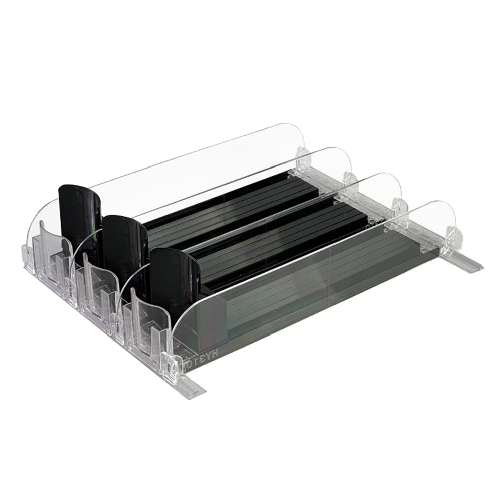 Drink Organizer Dispenser Spring Push Can Shelf Pusher Adjustable Width Soda Can Bottle Pusher E-Shaped Glide for Kitchen Fridge