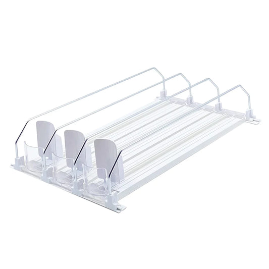 Drink Organizer Dispenser Spring Push Can Shelf Pusher Adjustable Width Soda Can Bottle Pusher E-Shaped Glide for Kitchen Fridge
