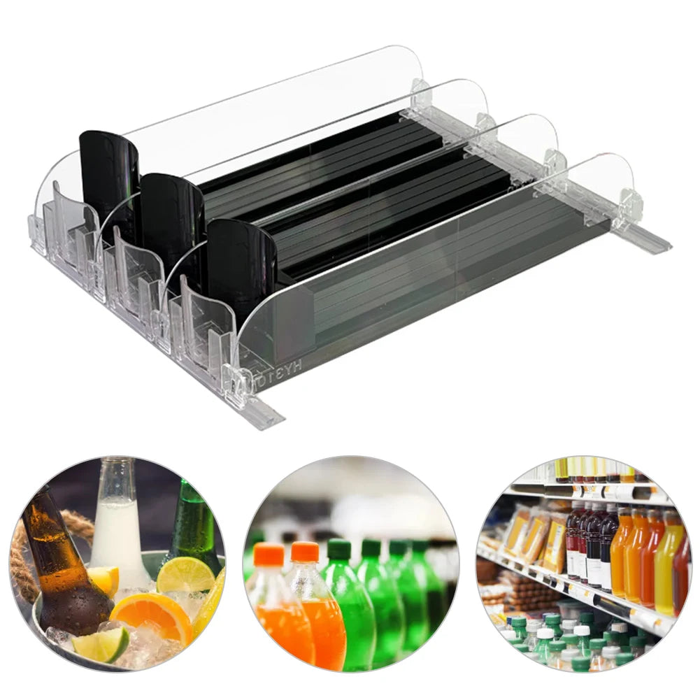 Drink Organizer Dispenser Spring Push Can Shelf Pusher Adjustable Width Soda Can Bottle Pusher E-Shaped Glide for Kitchen Fridge
