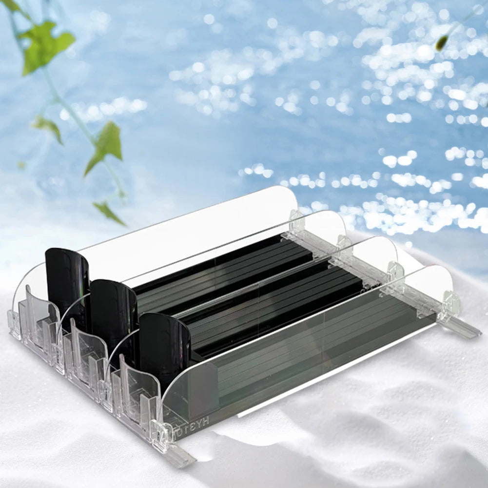 Drink Organizer Dispenser Spring Push Can Shelf Pusher Adjustable Width Soda Can Bottle Pusher E-Shaped Glide for Kitchen Fridge
