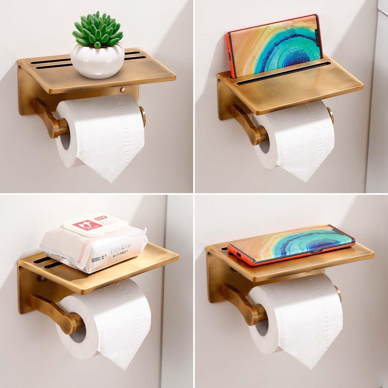 Toilet Paper Holder with Shelf, Aluminum Tissue Roll Dispenser with Mobile Phone Storage Shelf for Bathroom, 3M Self Adhesiv or Wall-Mounted with Screws, Antique Brass